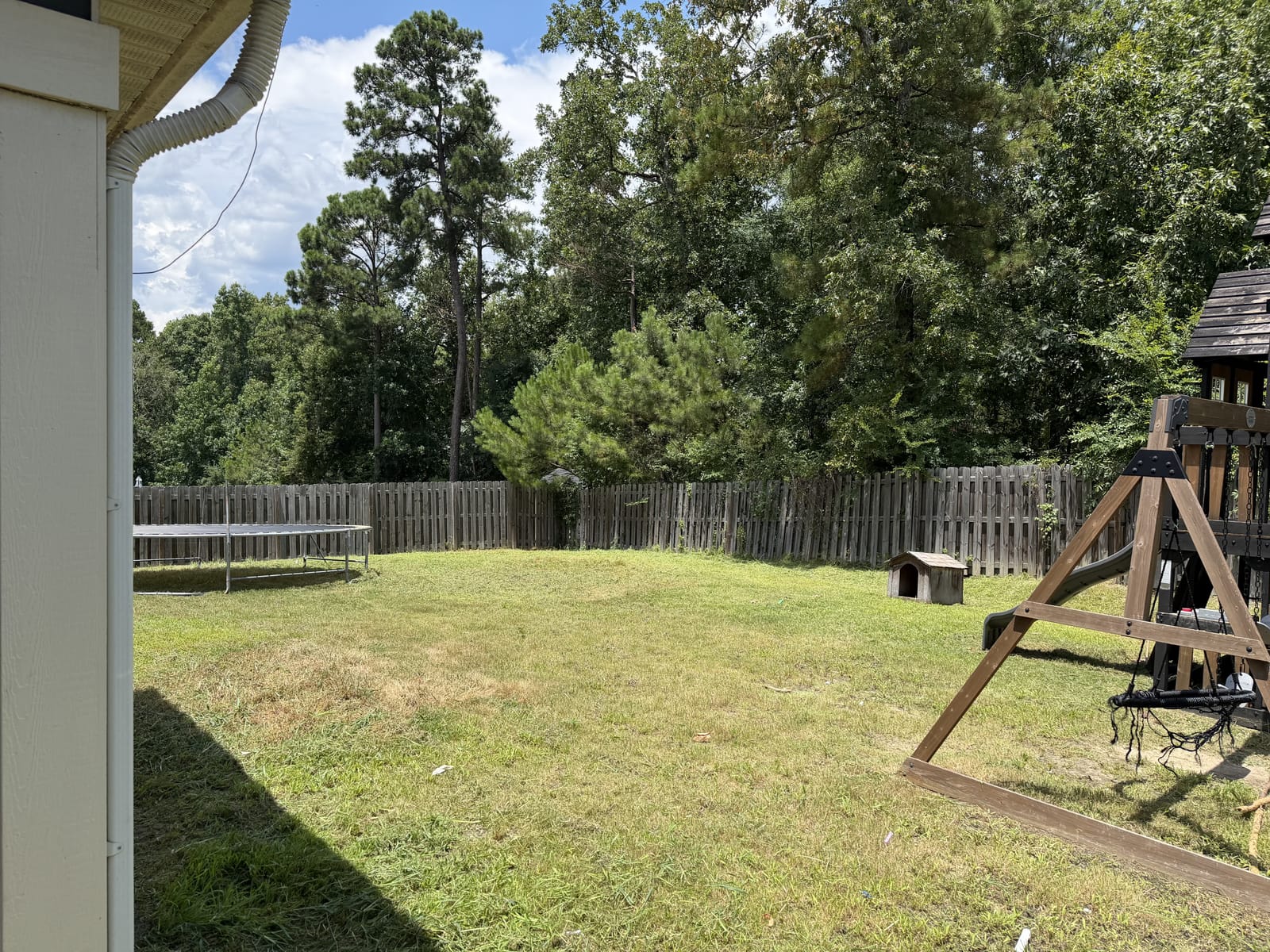 Freshly mowed backyard with trampoline and playset